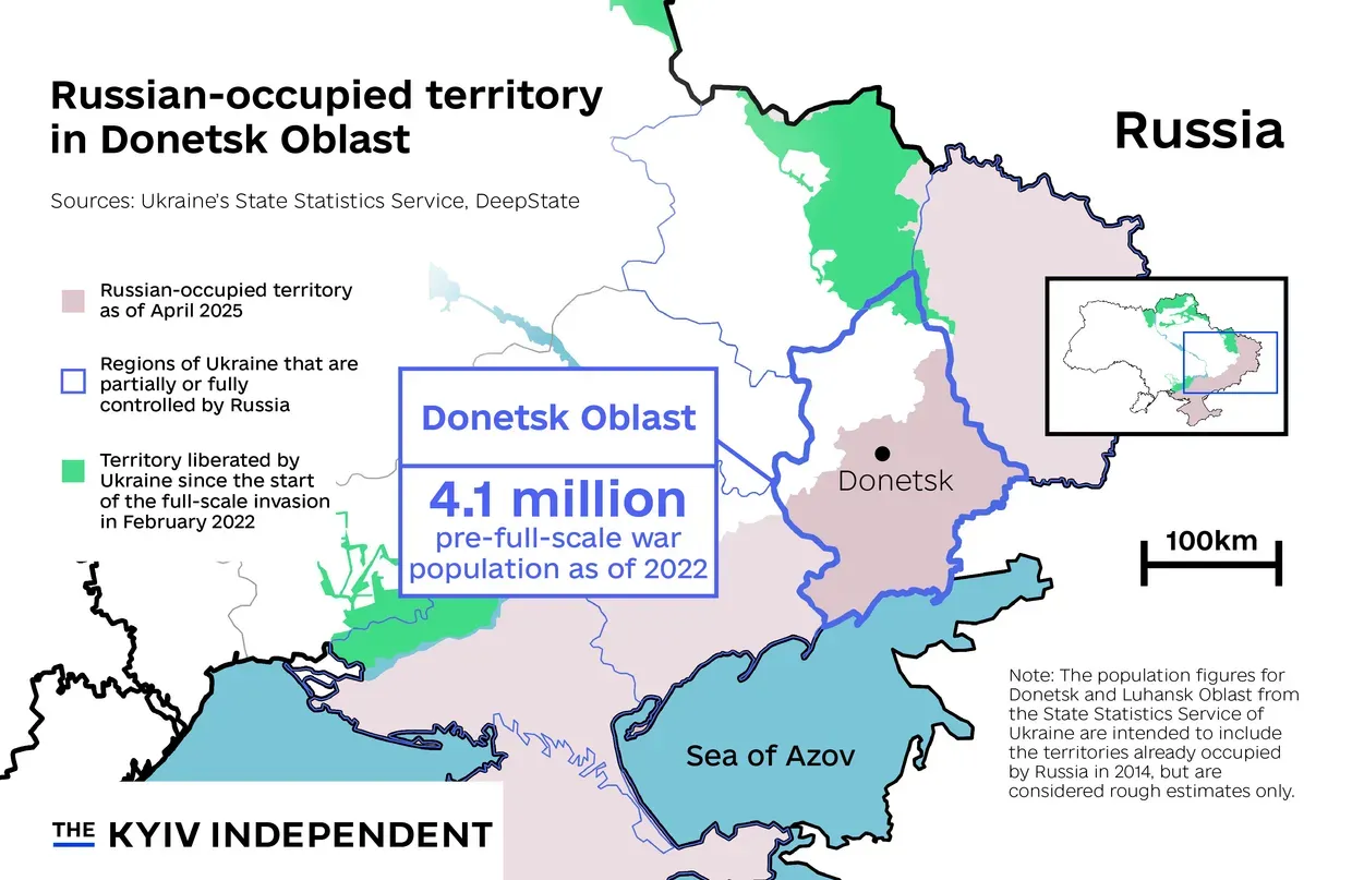 Мапа окупованих Росією частин Донецької області станом на 2025 рік