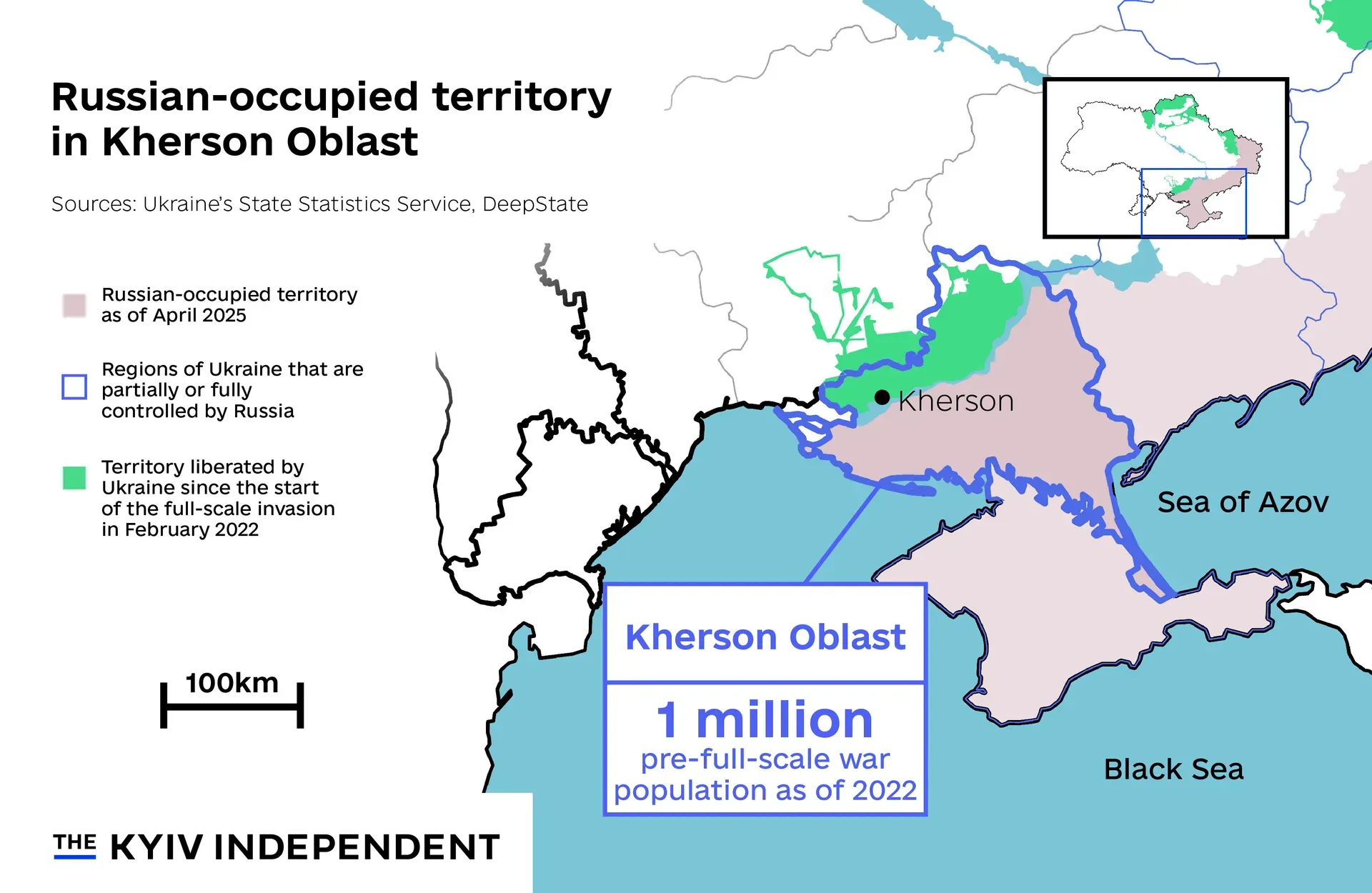 Мапа окупованих Росією частин Херсонської області станом на 2025 рік