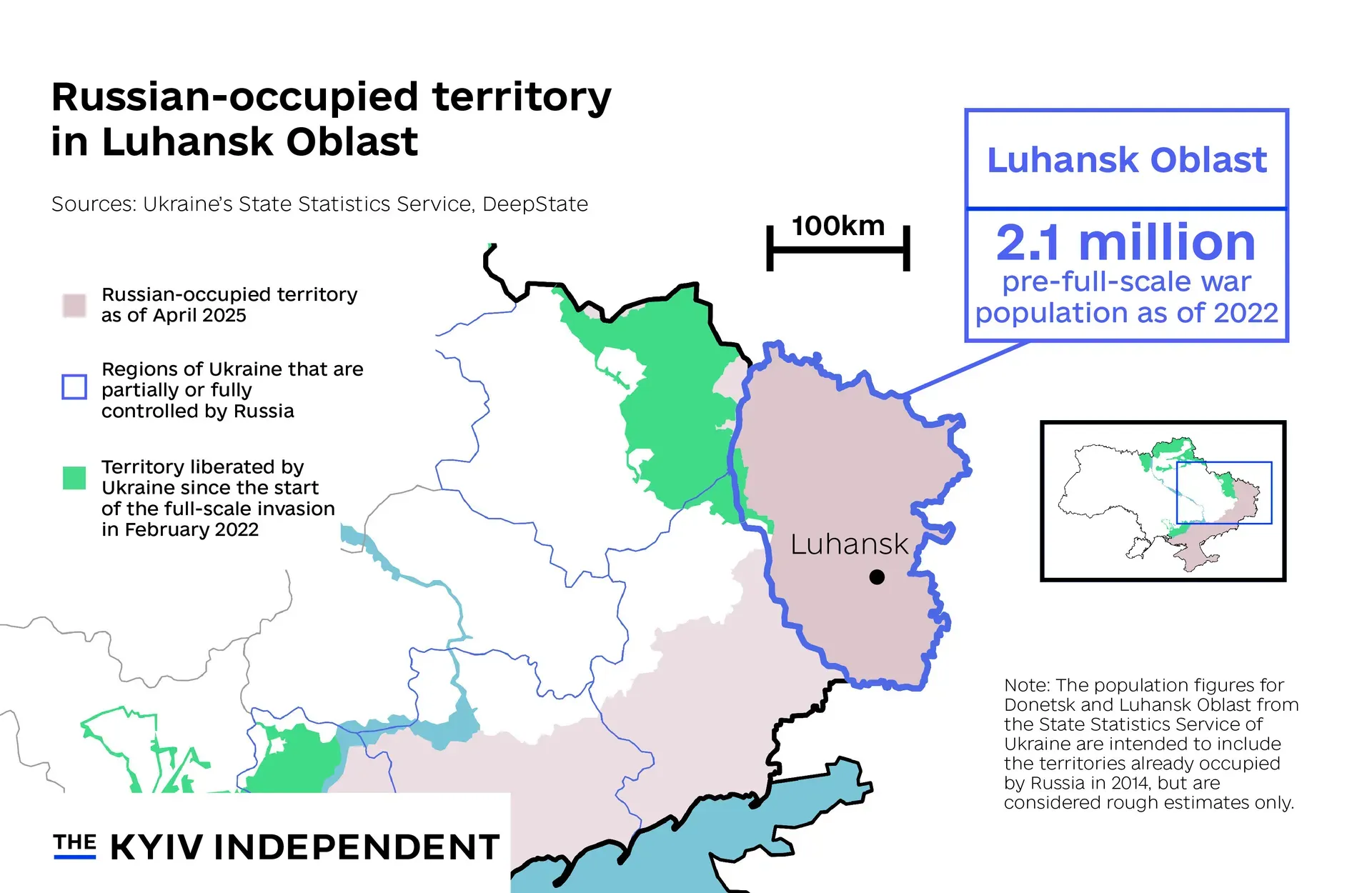 Мапа окупованих Росією частин Луганської області станом на 2025 рік