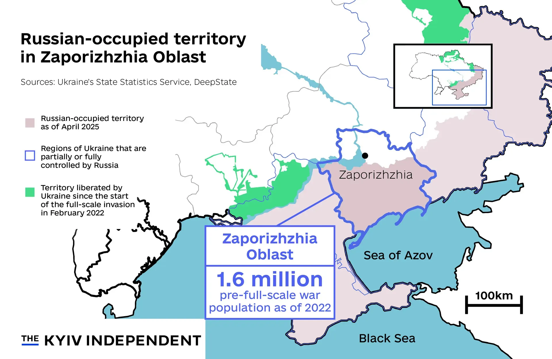 Мапа окупованих Росією частин Запорізької області станом на 2025 рік
