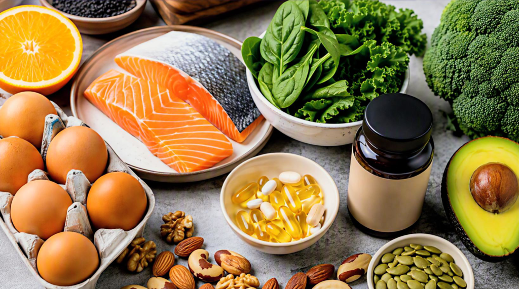 Корисні продукти та вітамінні капсули