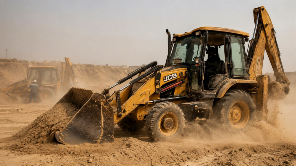 JCB працює на пиловому майданчику