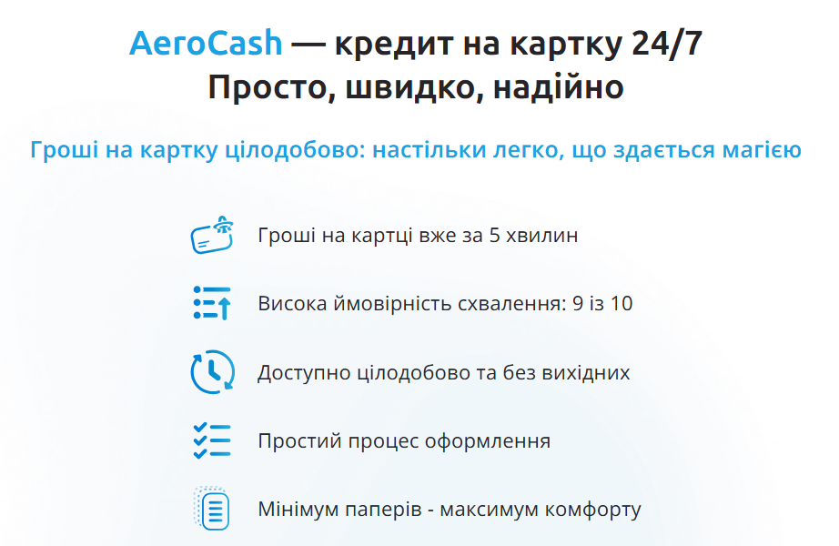AeroCash — кредит на картку 24/7 просто, швидко, надійно