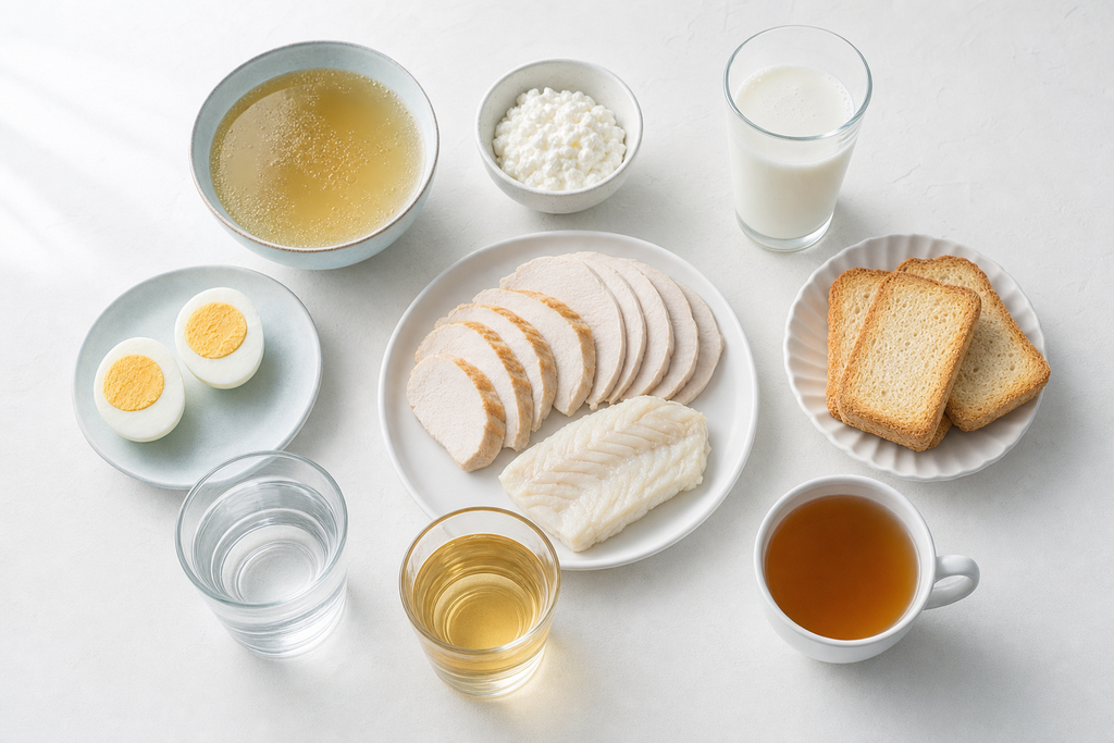 Бесшлаковая диета перед колоноскопией: отварное мясо и рыба, прозрачный бульон, яйца, творог, кефир, сухарики и разрешённые напитки.