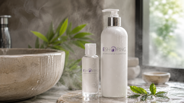Професійний шампунь ESHOPING у сучасній SPA-атмосфері з акцентом на чистоту, свіжість і догляд за волоссям.