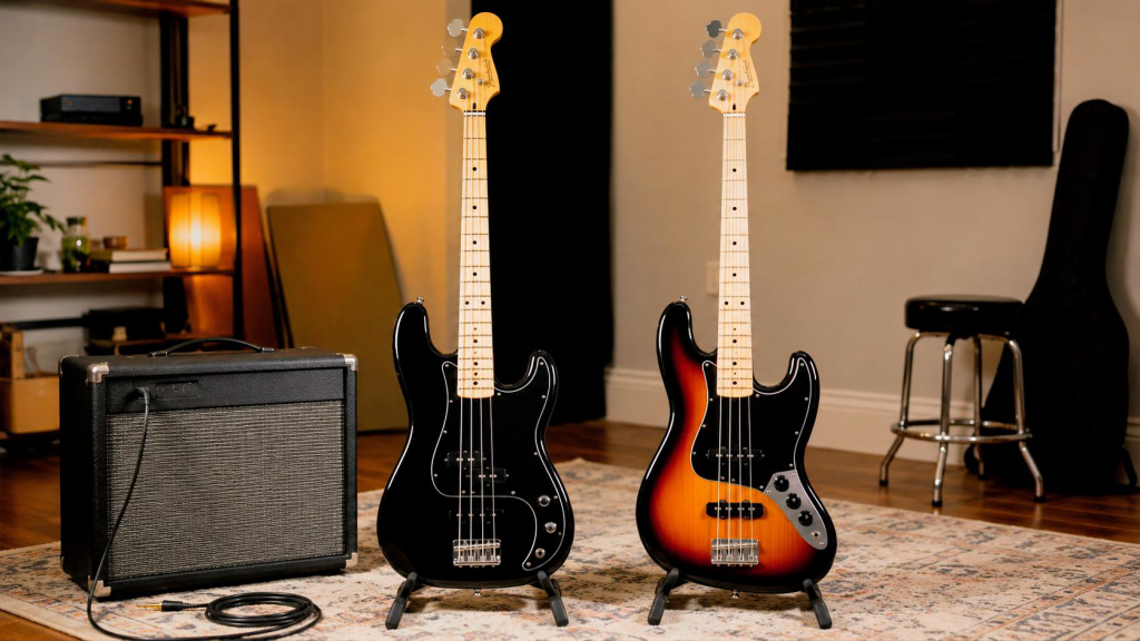 Squier Affinity Precision Bass и Jazz Bass в домашней студии